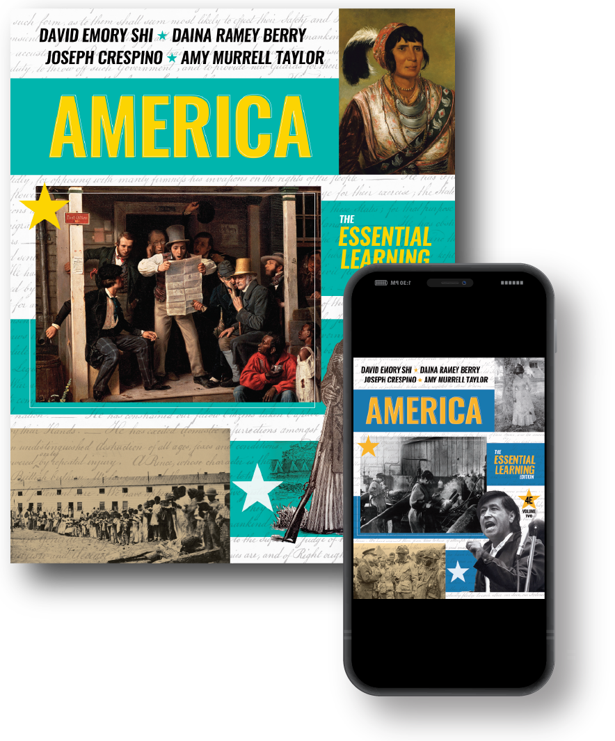 America: Essential Learning Edition, Fourth High School Edition, book cover next to a tablet displaying the America: Essential Learning Edition, Fourth Edition, Vol. 2, book cover