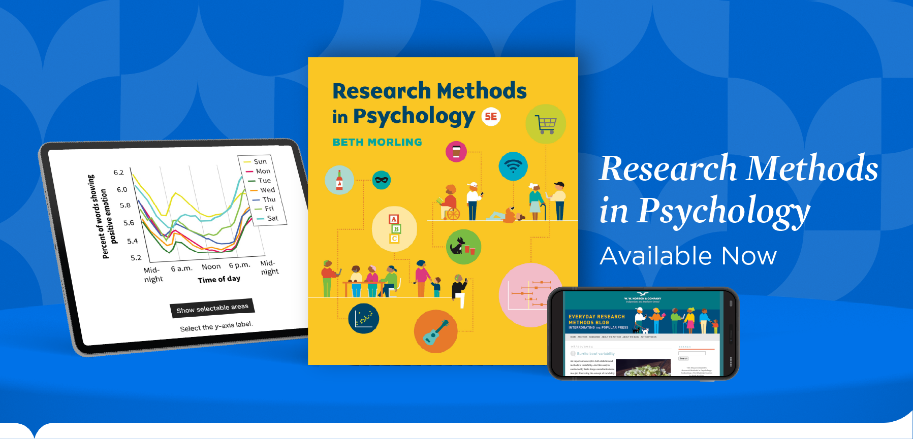 iPad with line graph, Research Methods in Psychology Book Cover, and iPhone with Everyday Research Methods Blog, on 3d curved shelf with tagline "Research Methods in Psychology Available Now"