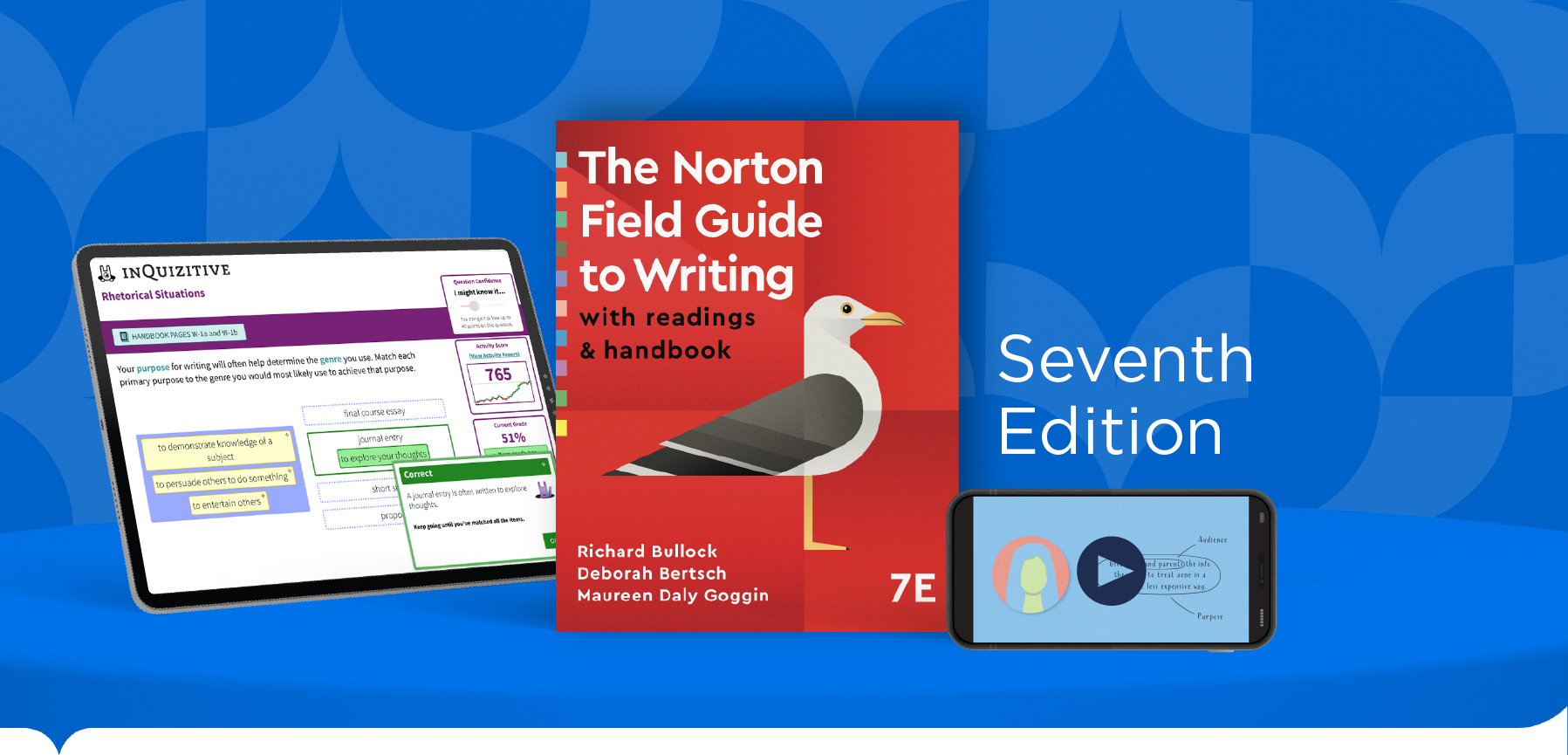 iPad with InQuizitive question example, The Norton Field Guide to Writing Book Cover, and iPhone with remix video, on 3d curved shelf with tagline "The Norton Field Guide to Writing Seventh Edition"