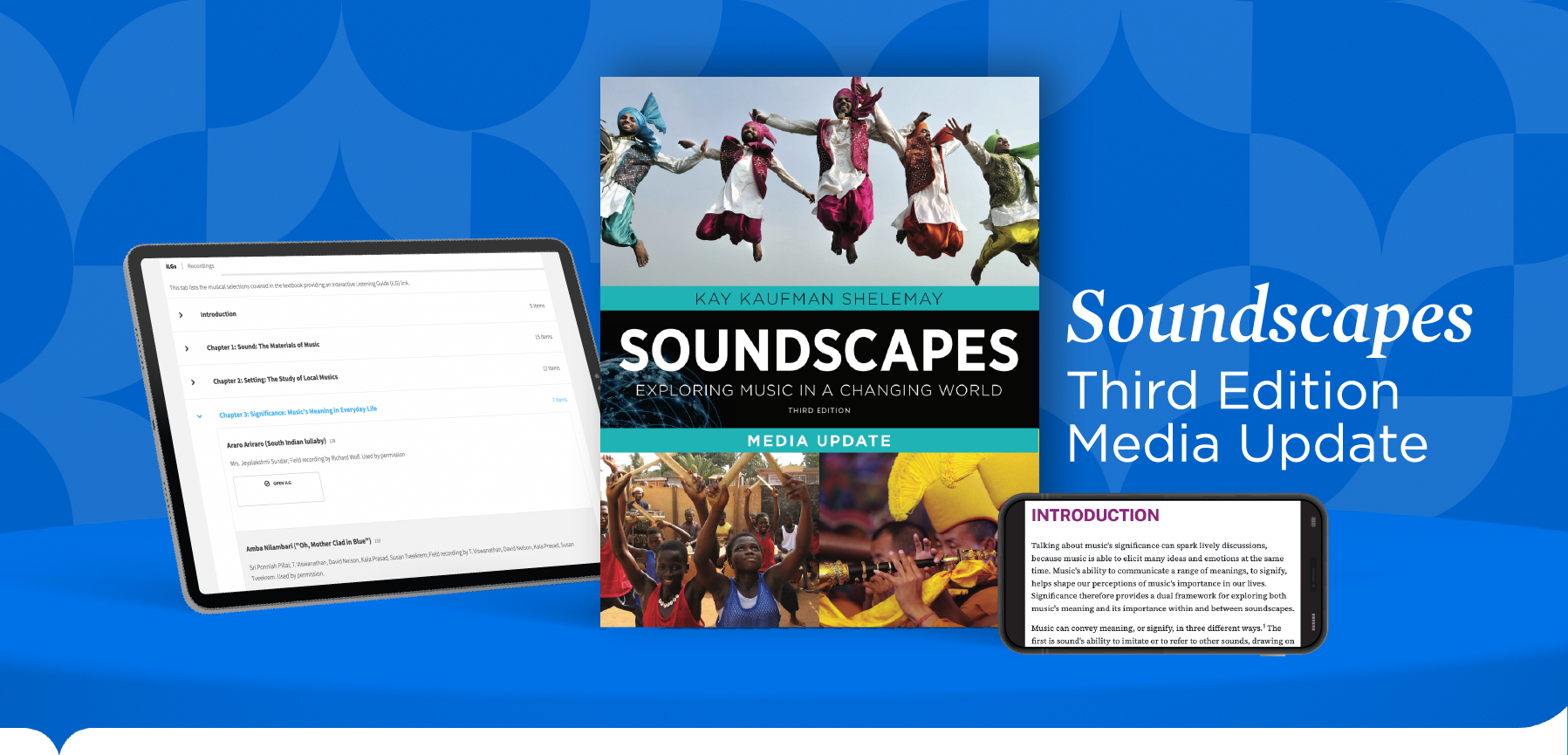 iPad with planet orbit, Organic Chemistry Book Cover, and iPhone with InQuizitive question, on 3d curved shelf with tagline "Organic Chemistry now available"