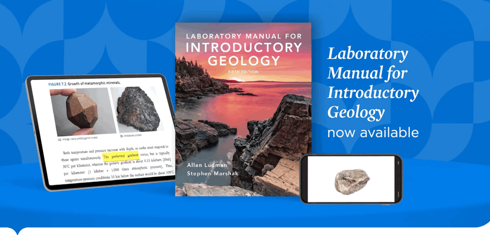 iPad with ebook page, The Laboratory Manual for Introductory Geology Book Cover, and iPhone with rock diagram, on 3d curved shelf with tagline "The Laboratory Manual for Introductory Geology now available"