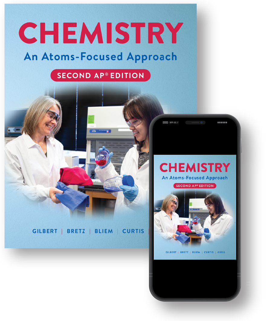 Chemistry: An Atoms-Focused Approach book cover next to a smart phone displaying the book cover