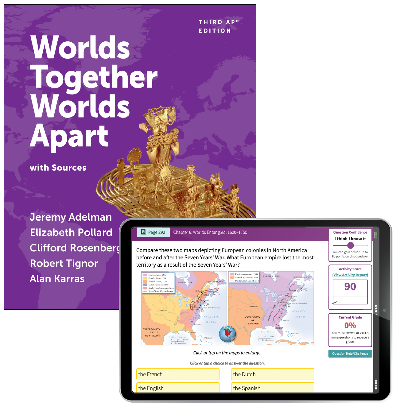 Worlds Together, Worlds Apart cover overlapping with an iPad displaying an InQuizitive question