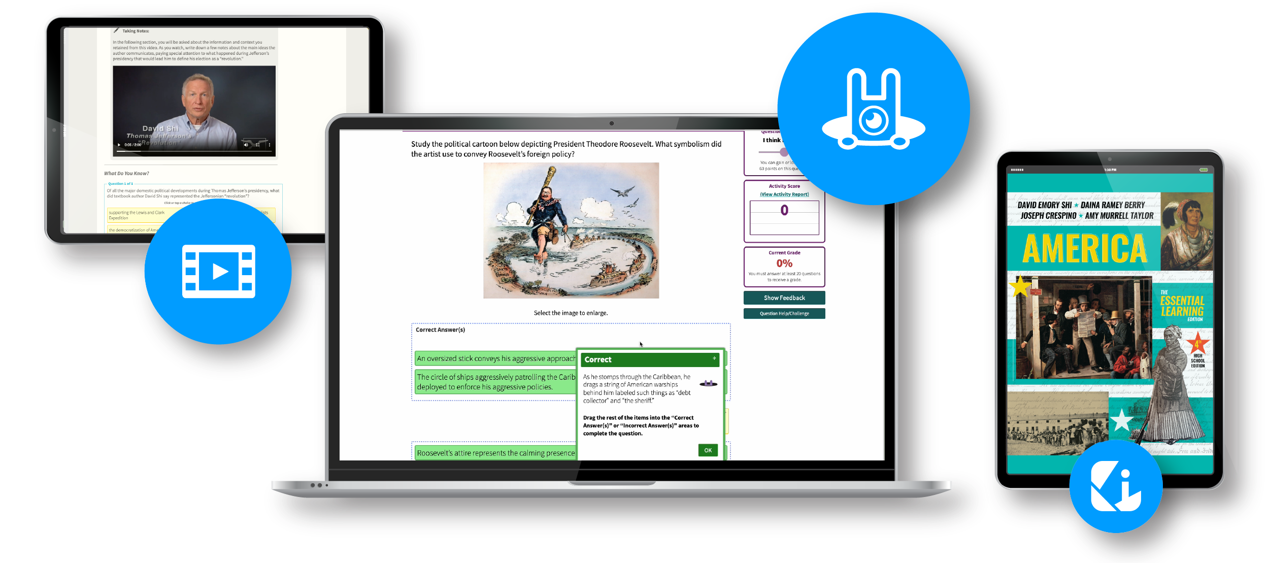 A laptop screen displaying an InQuizitive question next to a tablet displaying a Thinking Like a Historian exercise from the Norton Illumine Ebook, and another tablet displaying the book cover