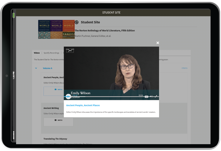 Student Site screenshot in iPad displaying an author video