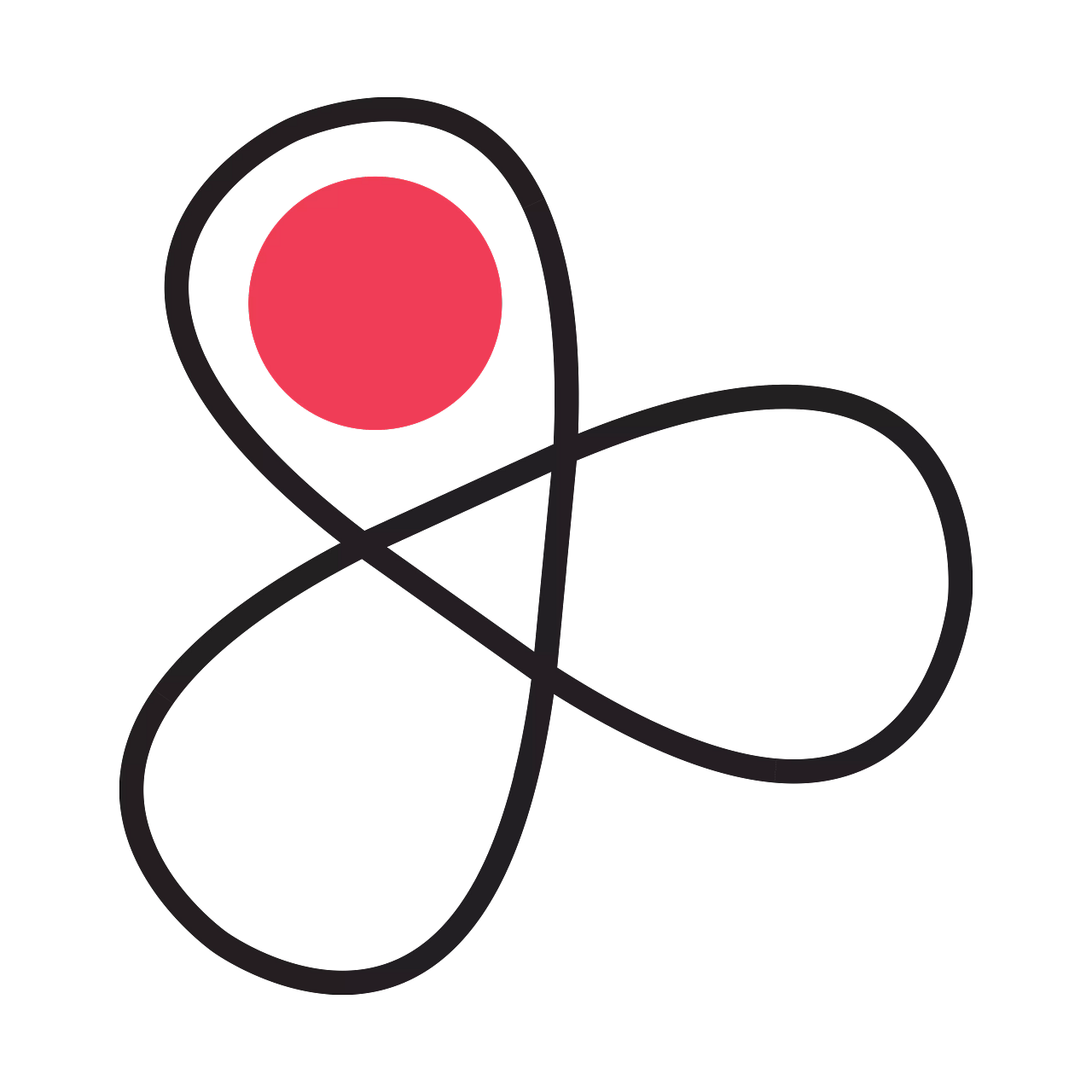 A modern icon with a prominent red dot at its center, encircled by looping black lines against a black background.