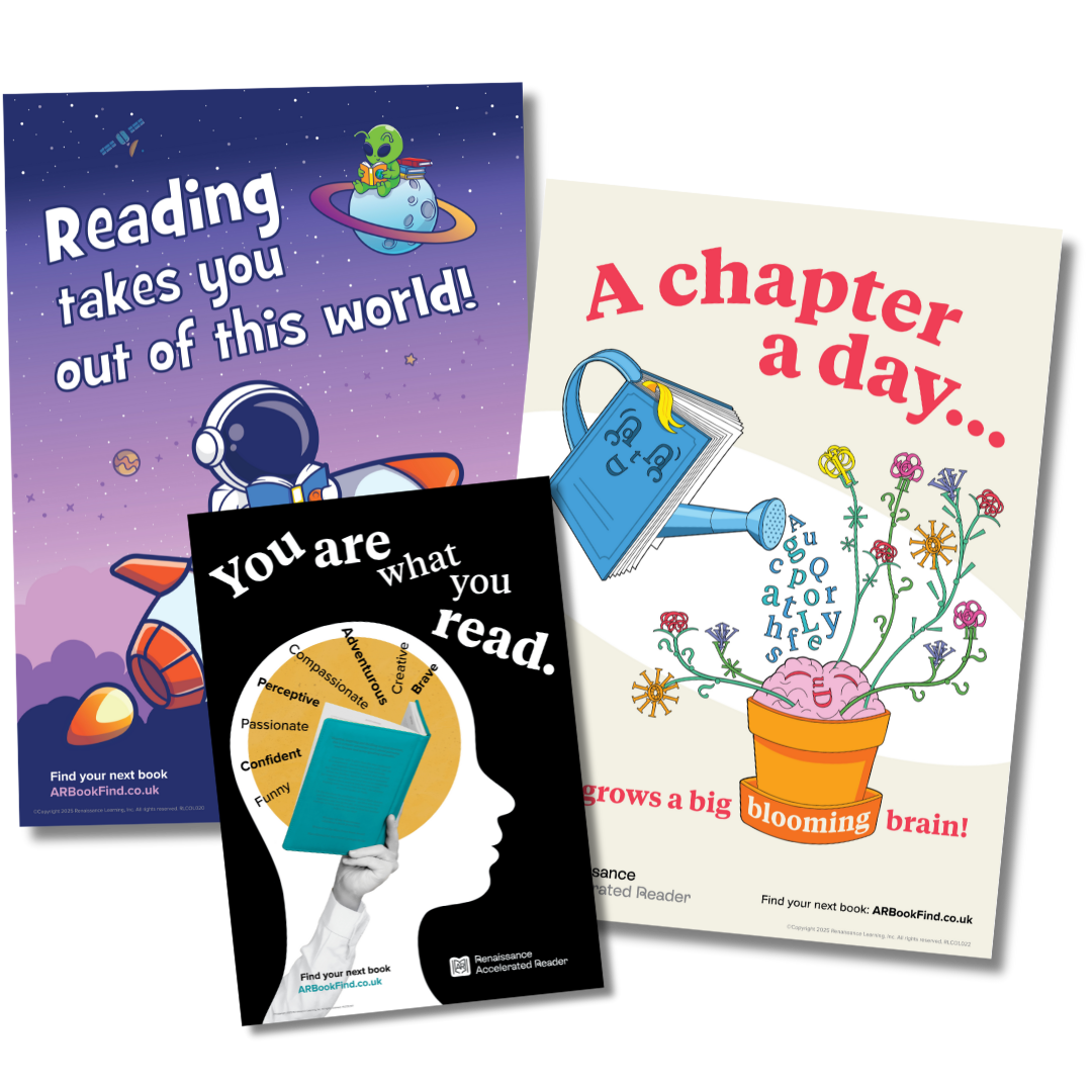 Three educational posters promoting reading: one with an astronaut and alien in space, another with a head silhouette and a book shaping personality traits, and a third showing a book-shaped watering can nurturing a brain plant.
