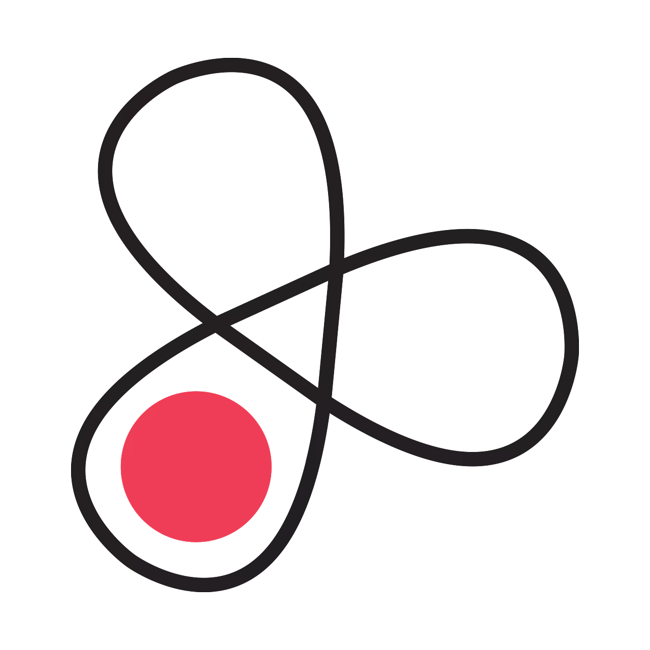 A graphic of a red dot encircled by a complex, figure-eight-like black line.