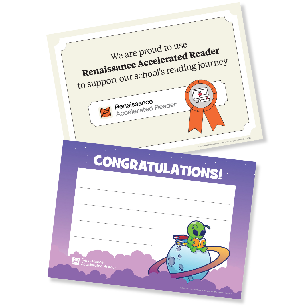 Two documents promoting Renaissance Accelerated Reader: one a certificate of pride in using the program, the other a 'Congratulations!' certificate featuring an alien reading on a moon.