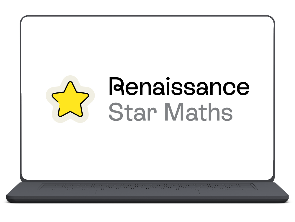 Laptop screen displays the Renaissance Star Maths logo beside a yellow outlined star on a white background.