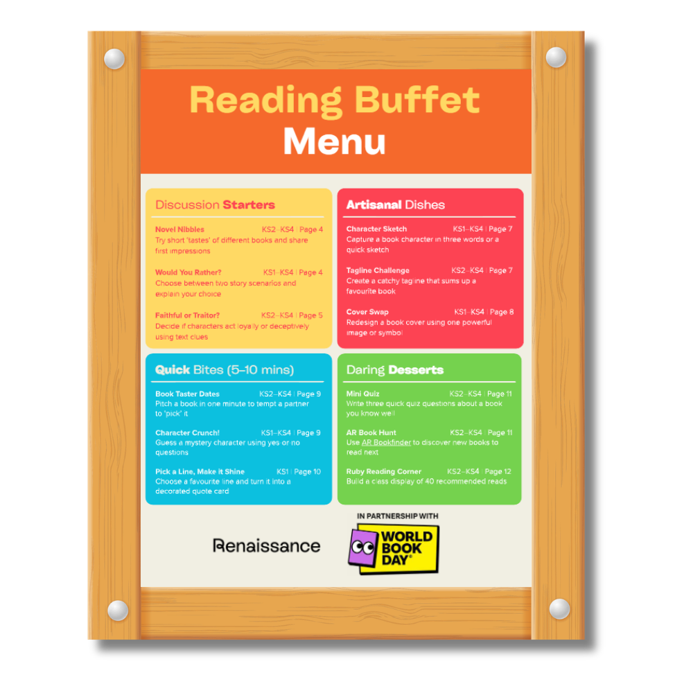 Bookmarks and circular stickers promoting reading and math achievements, featuring phrases like "Read, Learn, Grow!" and "Reading Champion."