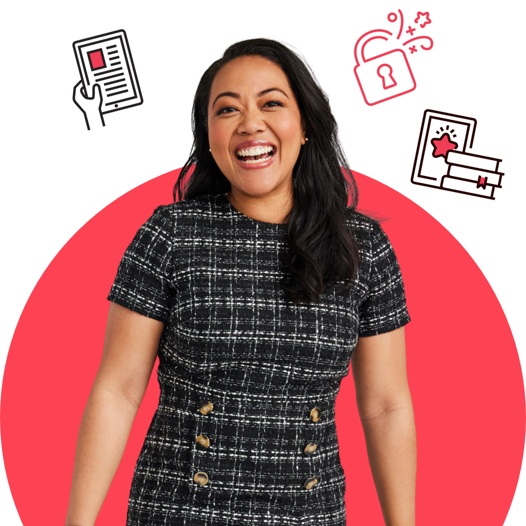 A joyful woman with dark hair wears a checkered dress, surrounded by graphic icons representing documents, security, and knowledge.
