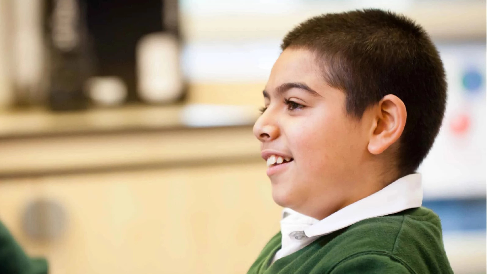 A young boy with short dark hair and a green sweater smiles while looking to the right.