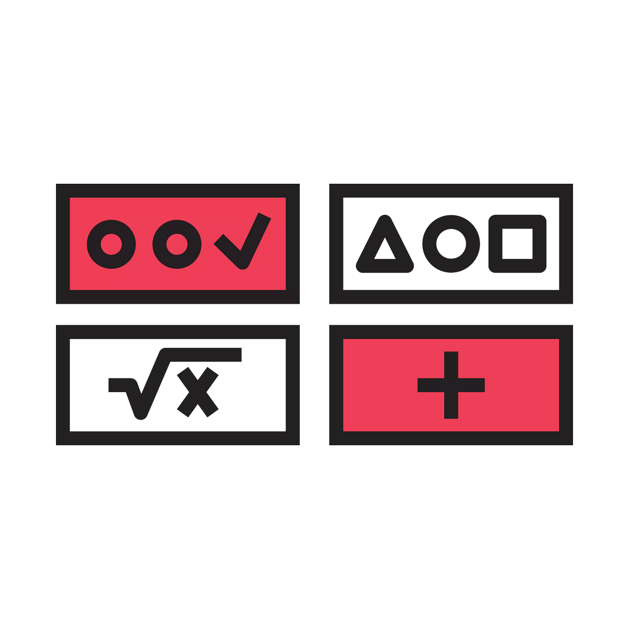A graphic depicting various mathematical and logical symbols arranged in a 2x2 grid, including a checkmark, geometric shapes, a square root, and a plus sign.