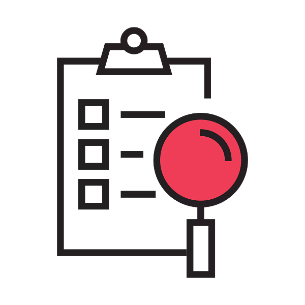 Clipboard checklist with form fields and a red magnifying glass, representing document review and analysis.