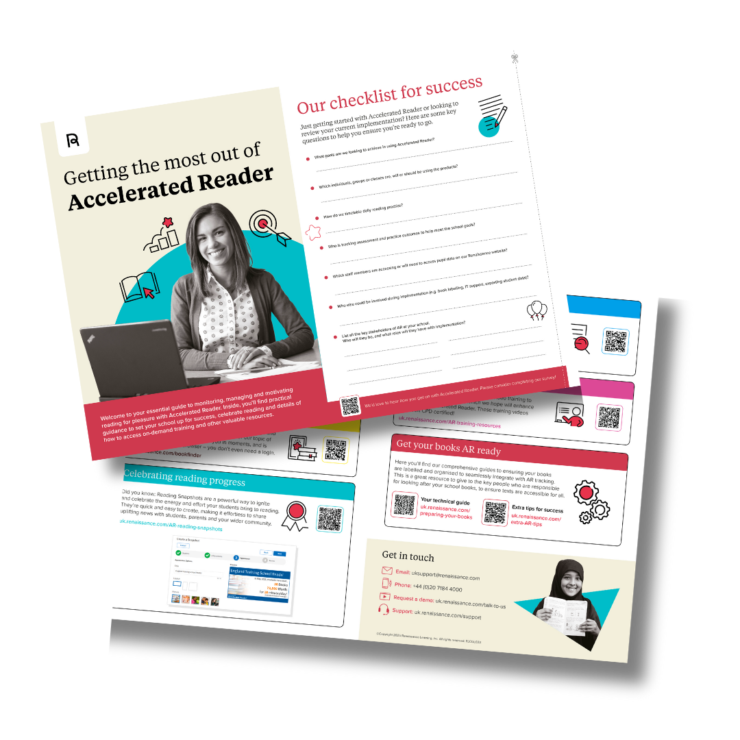 A promotional document for 'Accelerated Reader' showing a smiling woman working on a laptop, alongside sections about success checklists and program information.