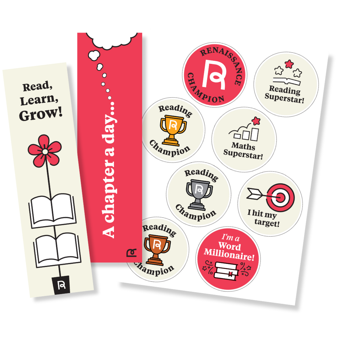 Bookmarks and circular stickers promoting reading and math achievements, featuring phrases like "Read, Learn, Grow!" and "Reading Champion."
