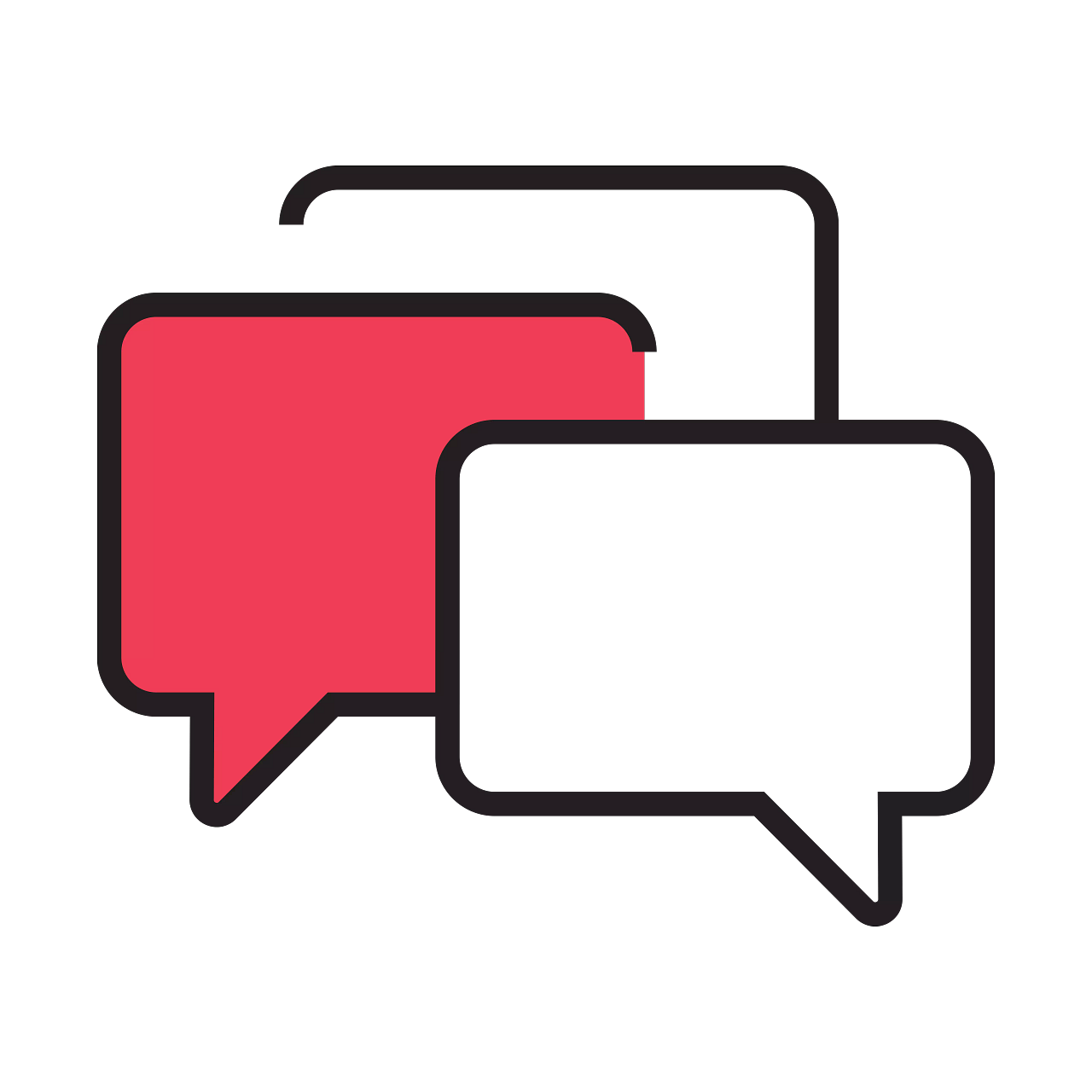 Two overlapping speech bubbles, one red and one white with a black outline.