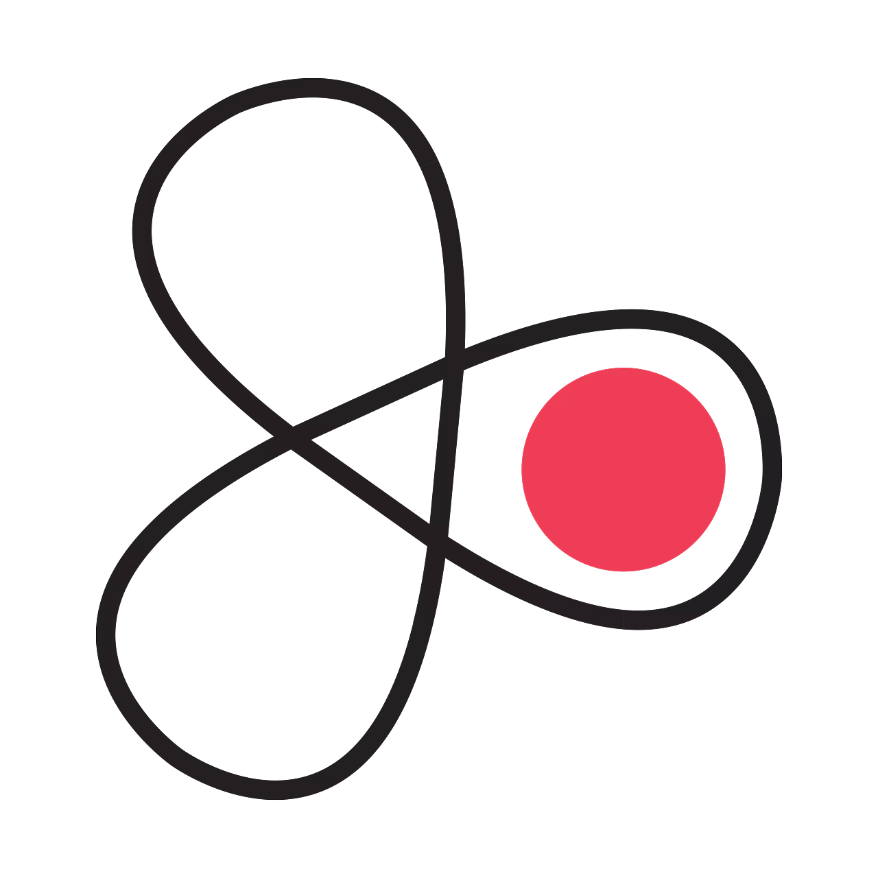 Graphic of a red dot at the center of an interconnected black line design, with two white plus symbols.