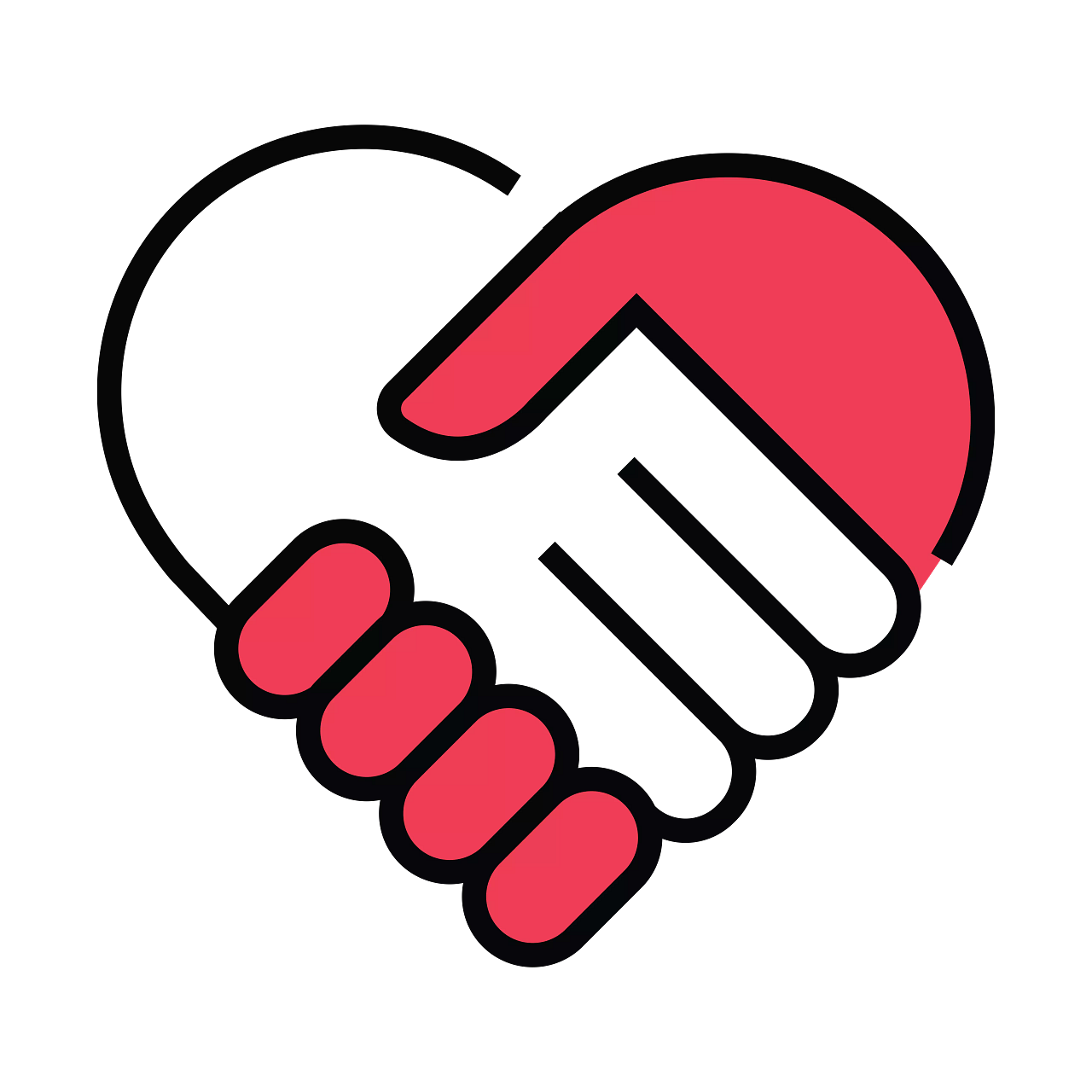 A graphic of two hands clasping, one black and one red, enclosed in a heart outline.