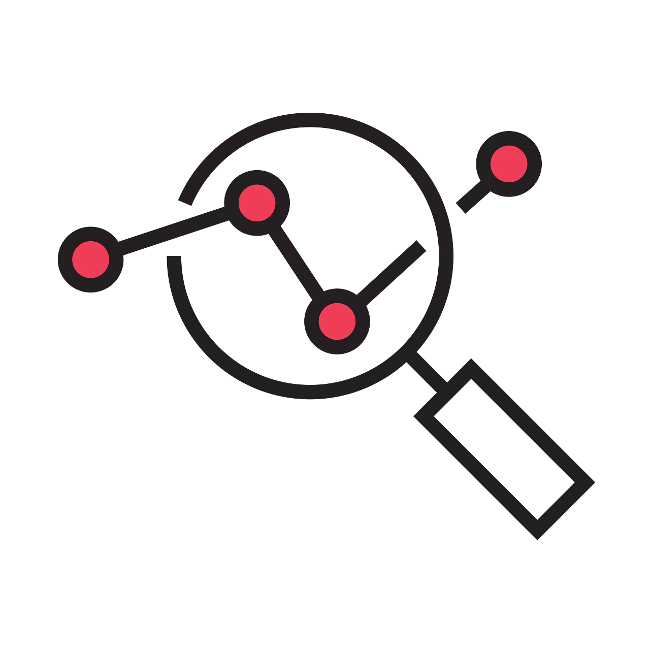 Pink abstract network of connected nodes and circular pathway, with an angled outlined square on a black background.