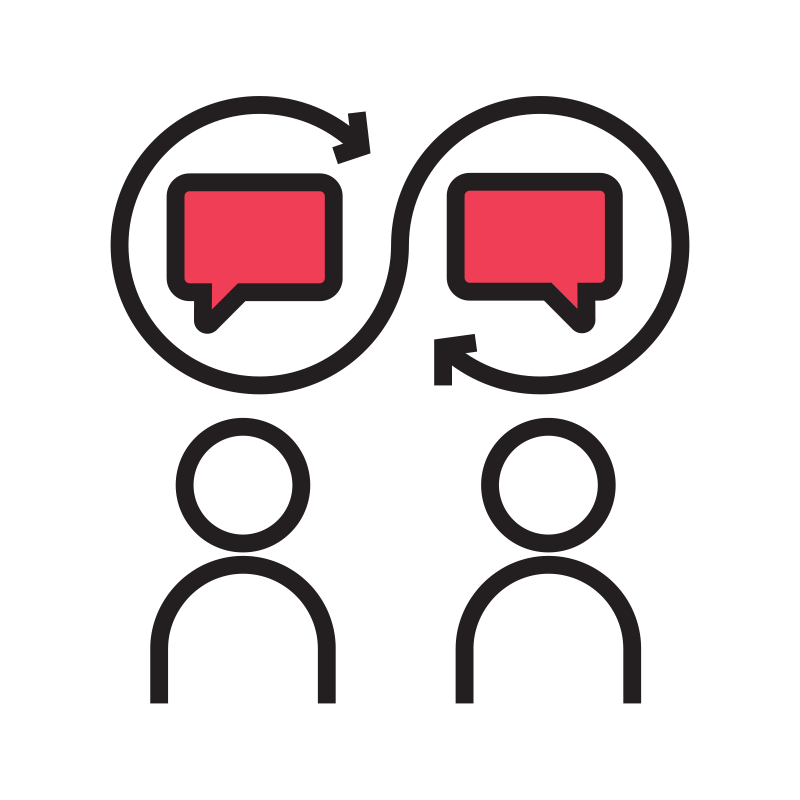 Two people exchanging pink chat messages, with circular arrows showing an ongoing two-way conversation.