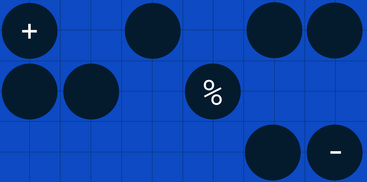 A blue grid background with dark circles, some containing white symbols: a plus sign, a percentage sign, and a minus sign.