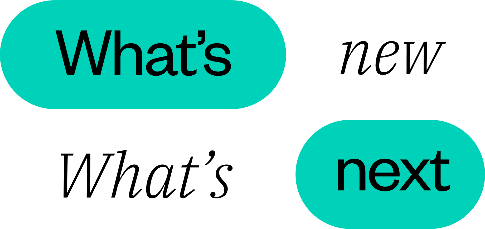 Graphic with the phrases "What's new" and "What's next" in connected teal and white bubble shapes.