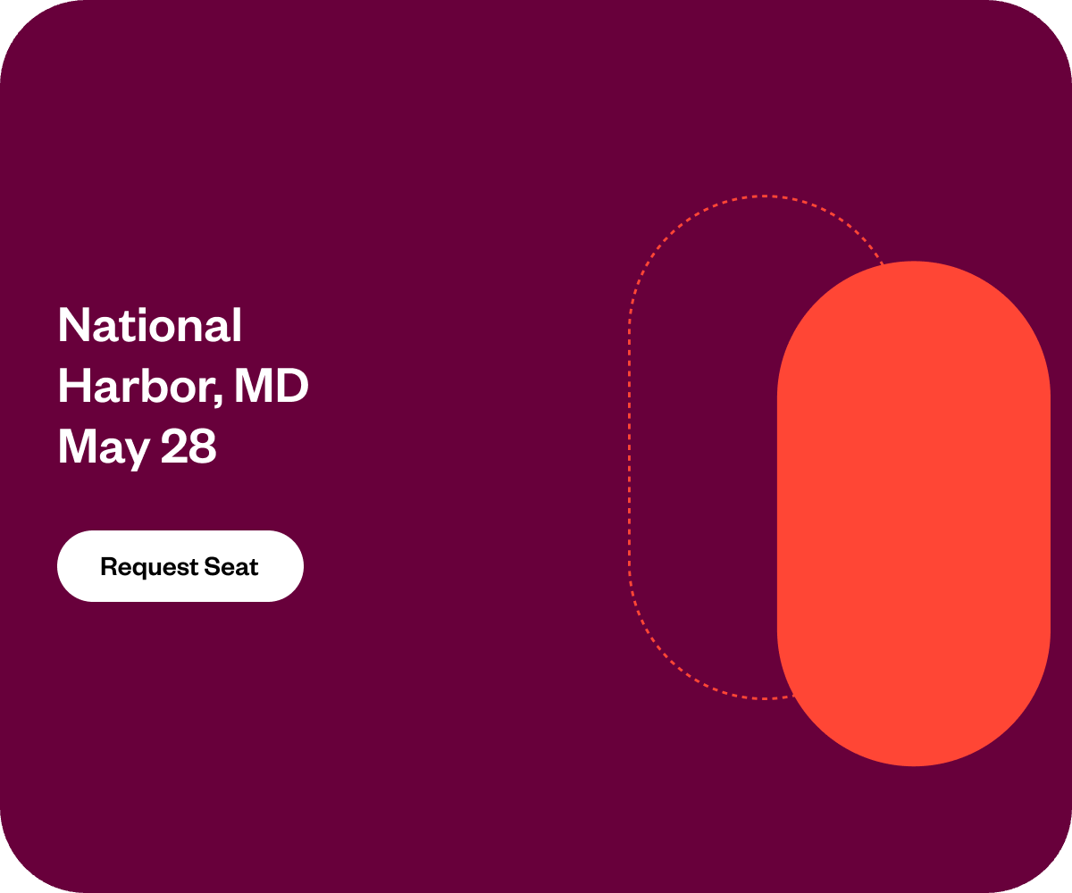 Event announcement for National Harbor, MD on May 28, with a 'Request Seat' button.