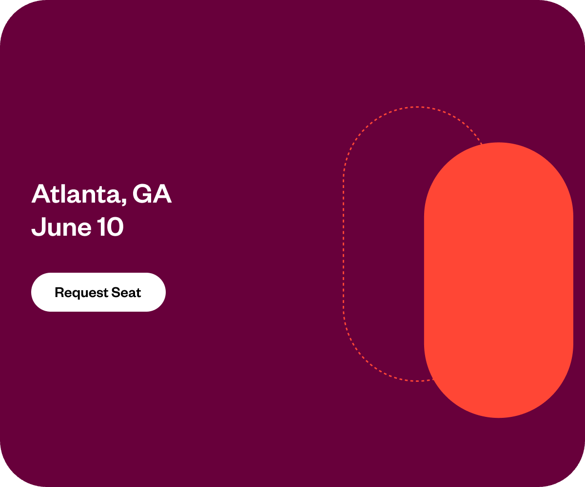 Graphic announcing an event in Atlanta, GA on June 10, featuring a 'Request Seat' button and abstract orange shapes.