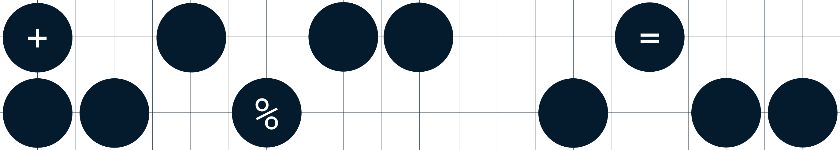A grid displaying dark blue circles, some containing a plus sign, equals sign, or percentage symbol.