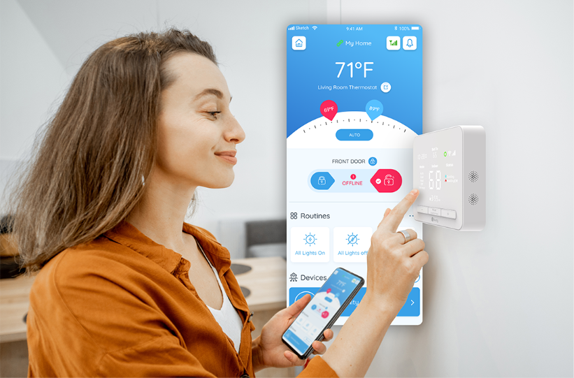 Woman holding phone and using Rently Hub Pro with Smart Home app UI