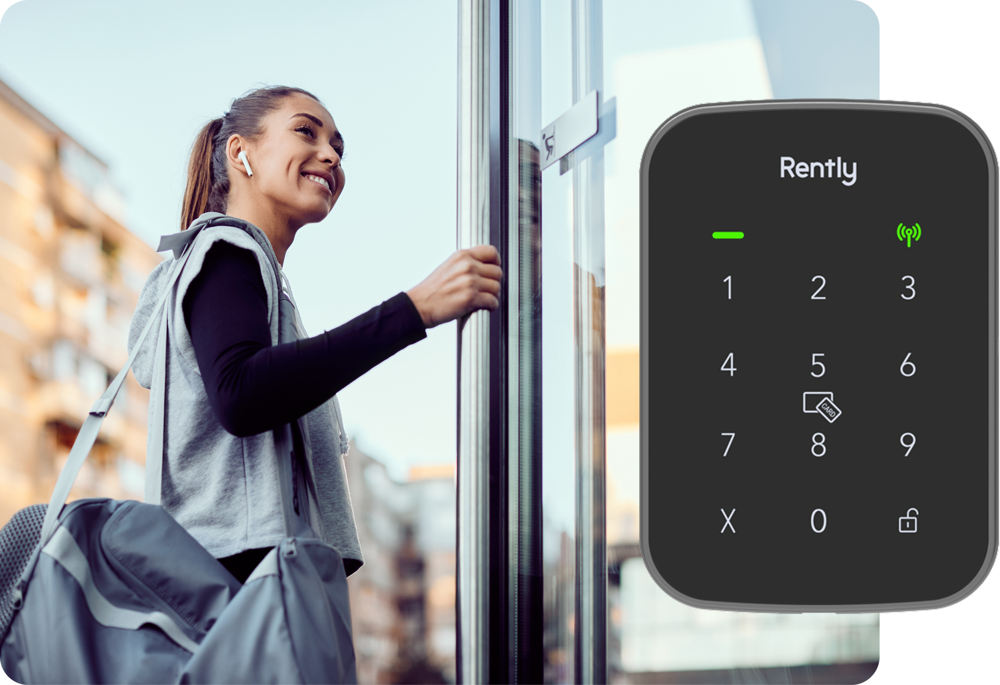 Image of the Rently Access Panel with Intercom mounted on a gray wall