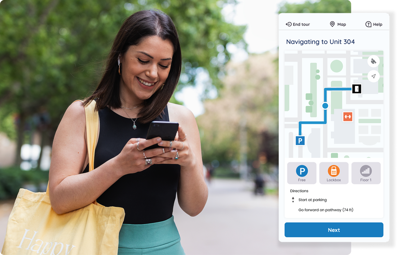 Outdoor scene of a happy woman looking at her phone, which shows a digital map guiding her to Unit 304 with detailed parking and pathway instructions.