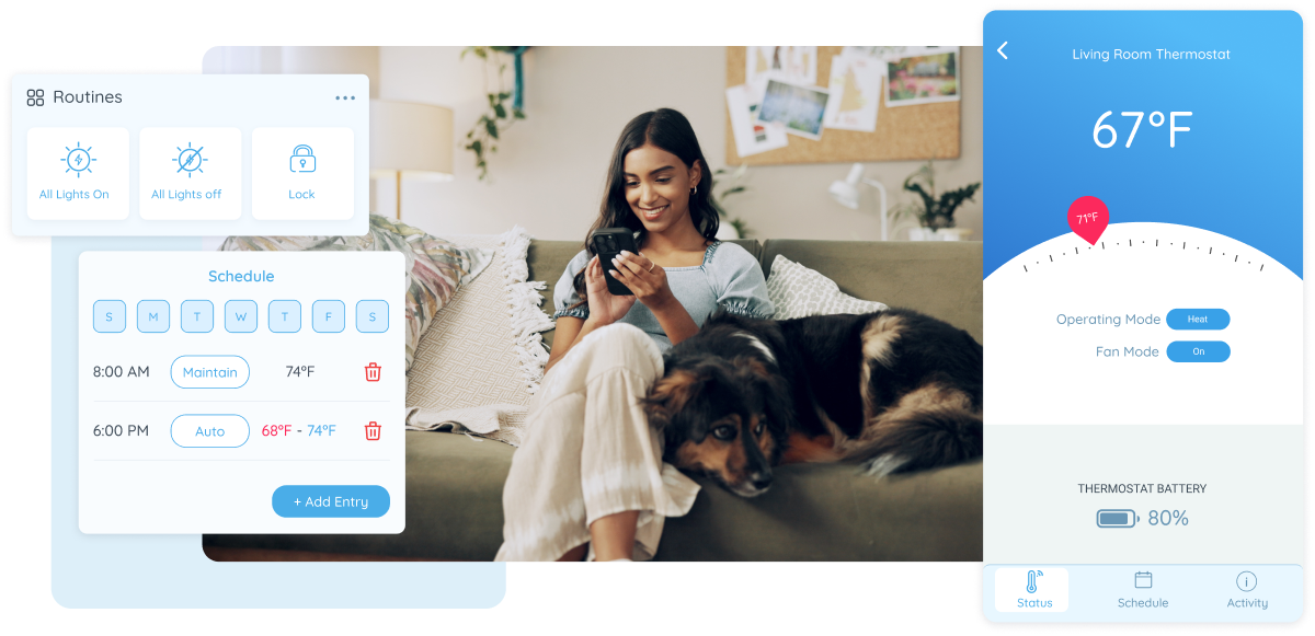 Woman with dog on a couch using a phone with Smart Home app UI