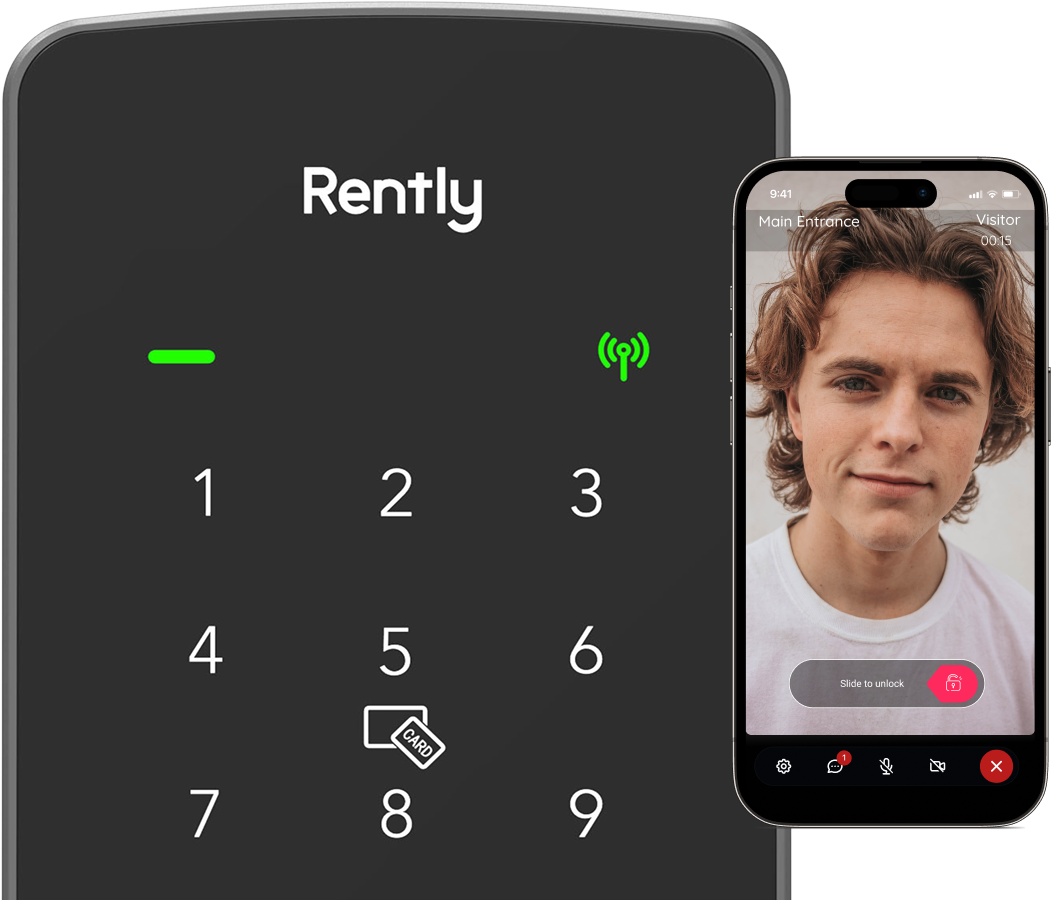 Image of the Rently Access Panel with Intercom mounted on a gray wall