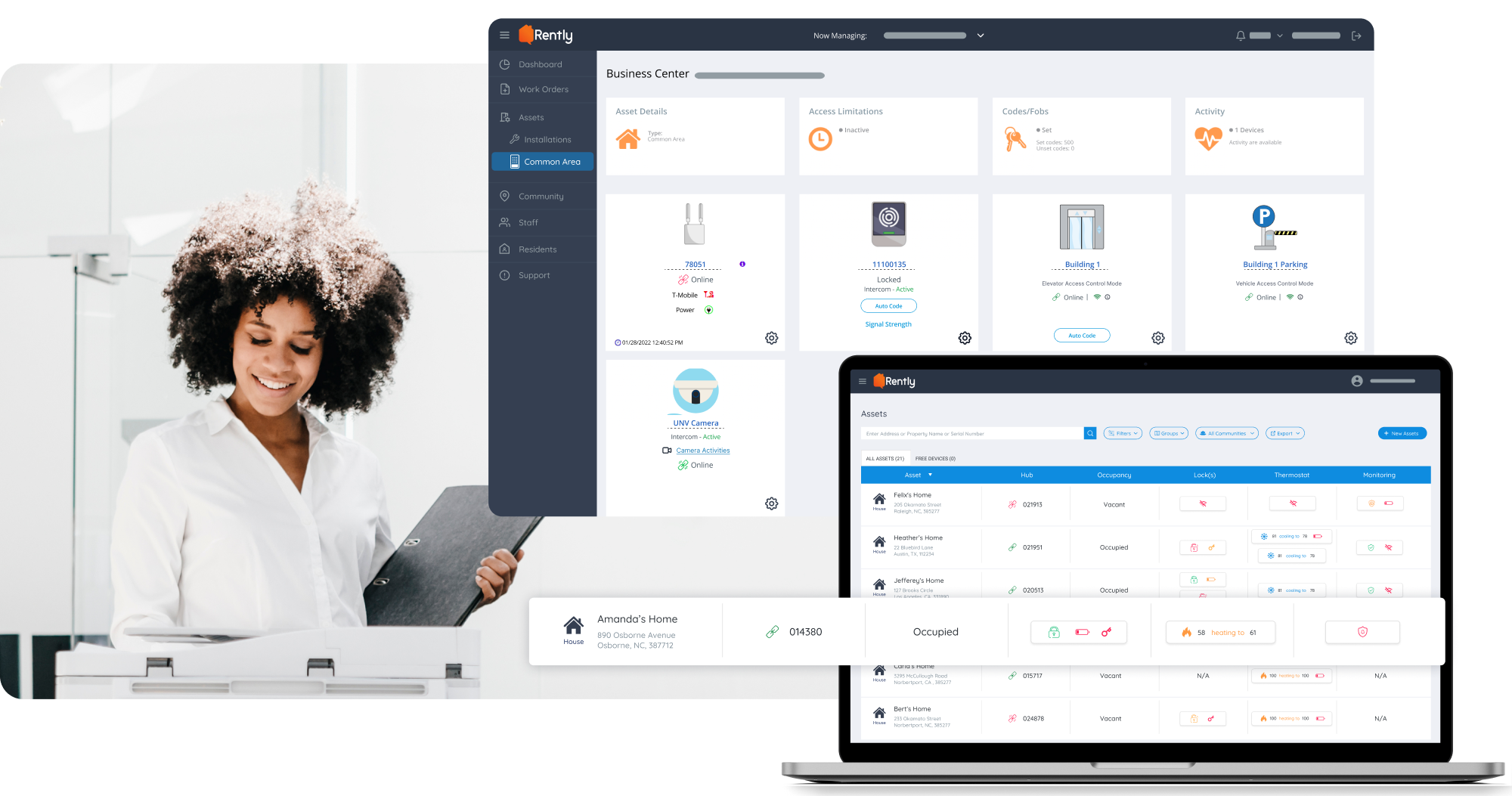 Woman with laptop and Manager portal UI