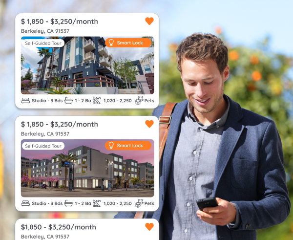 A man smiles while looking at his phone, with three apartment listing cards partially visible on the left showing details like price, location, and building images.