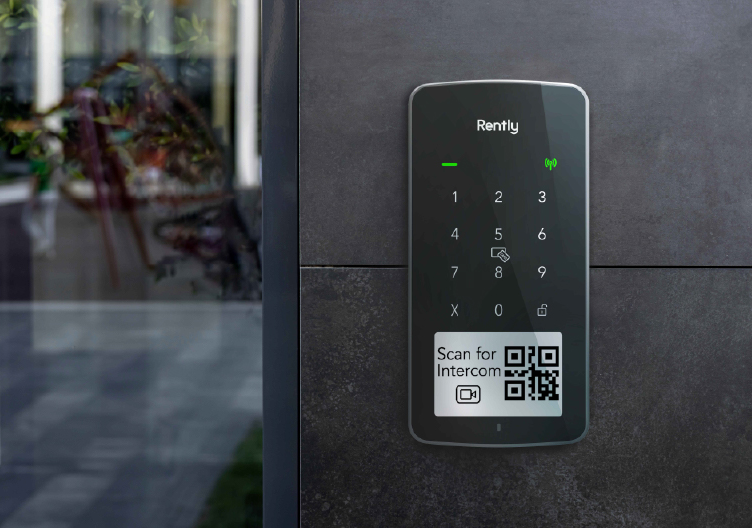 Rently access panel with intercom with a digital keypad and 'Scan for Intercom' QR code, designed for secure building access.