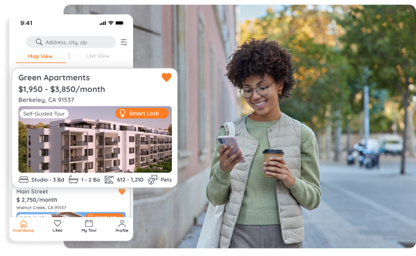 A smiling woman walks down a street, looking at her phone displaying the Rently app with apartment listings.