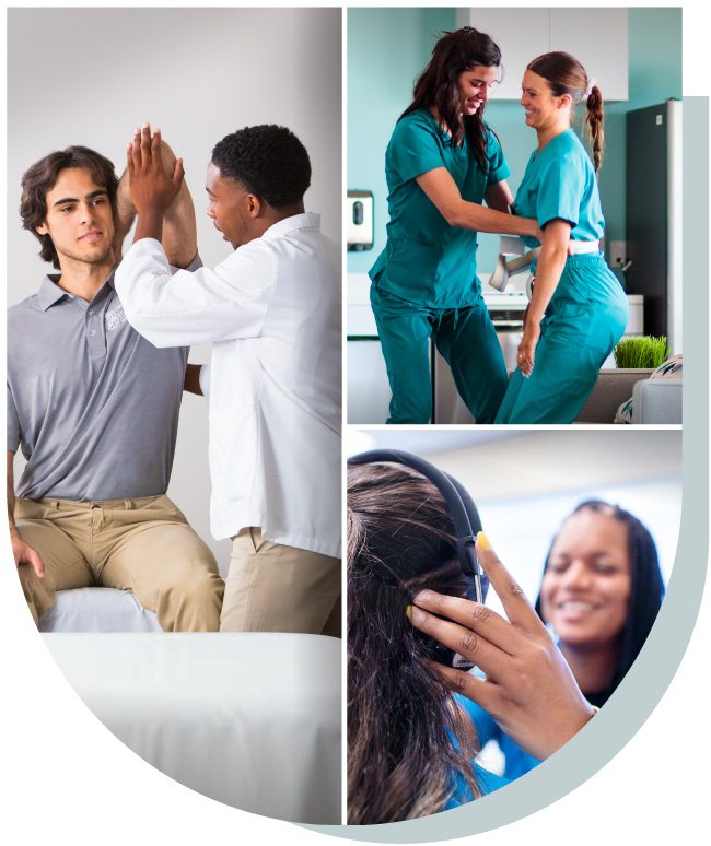 A collage showing various healthcare and wellness interactions, including a chiropractor with a patient, two nurses in scrubs, and a person getting help with headphones.