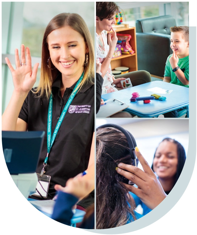Three scenes from the University of St. Augustine for Health Sciences Texas, featuring a friendly university professional, an adult engaging with a child during an SLP activity, and a person receiving assistance with headphones.
