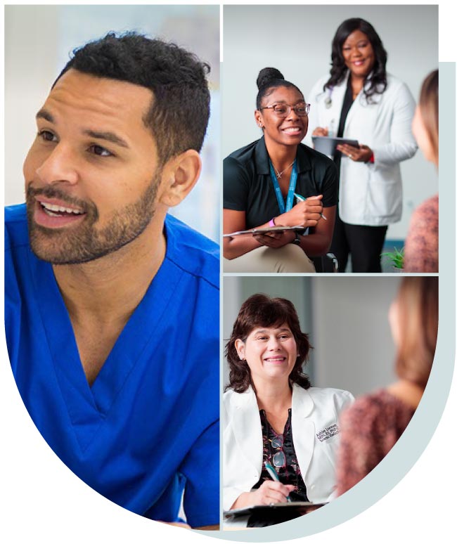A composite image featuring diverse medical professionals providing care and engaging with patients.
