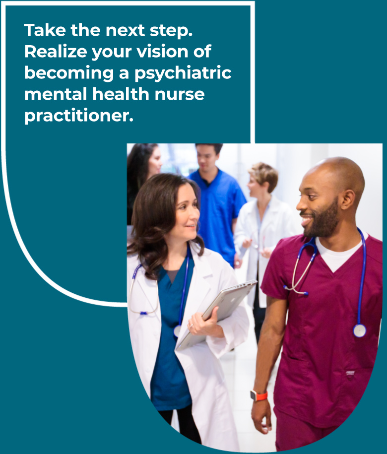 Smiling healthcare professionals, a woman in a lab coat and a man in scrubs, walking forward, suggesting progress in a family nurse practitioner career.