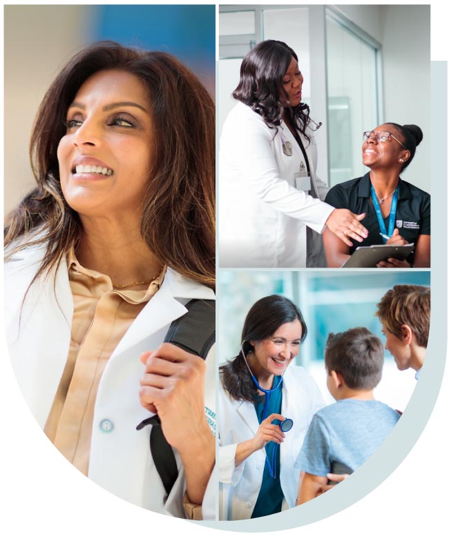 A collage of medical professionals, including a thoughtful woman in a lab coat, a doctor speaking with a colleague, and a doctor examining a child.