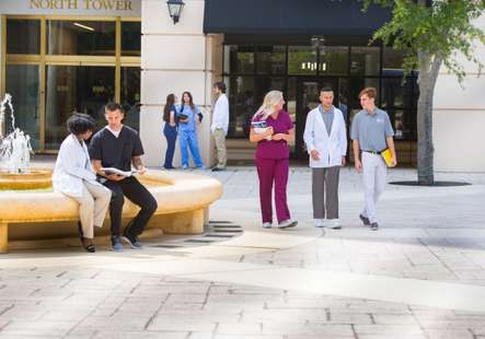 Smiling students walking and talking on a college campus.