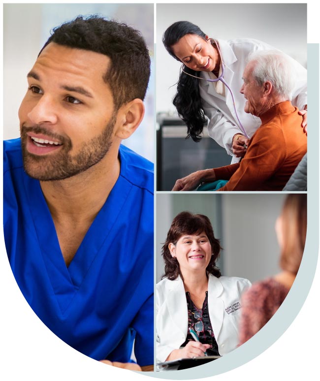 A collage of healthcare professionals: a man in blue scrubs, a doctor examining an elderly patient, and a doctor consulting with a patient.