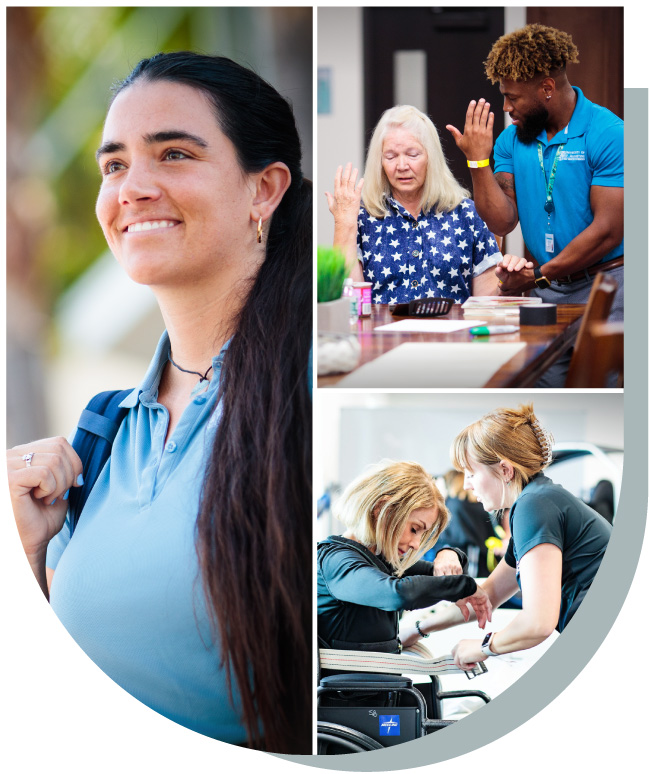 A collage showing a smiling young woman with a backpack, an older woman and a man raising hands at a table, and a woman in a wheelchair receiving assistance from another woman.