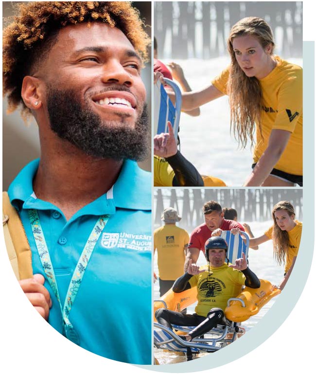 A collage featuring a smiling man wearing a University of St. Augustine polo shirt, alongside images of an adaptive surfer giving a shaka sign while being helped in the ocean.