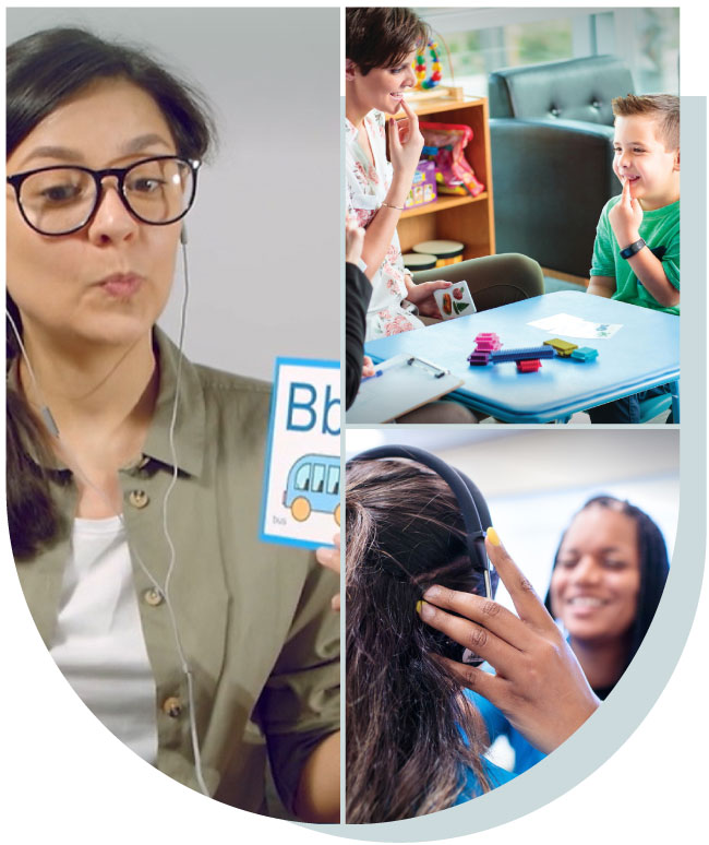 Three scenes from the University of St. Augustine for Health Sciences Texas, featuring a friendly university professional, an adult engaging with a child during an SLP activity, and a person receiving assistance with headphones.